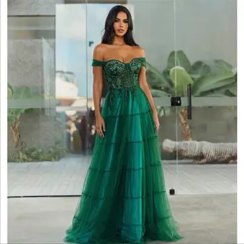 ירוק כבוי כתף נשים שמלת ערב ללא שרוולים באורך רצפת טול אפליקציות מיוחדות Vestidos דה פיאסטה Elegantes פארא Mujer